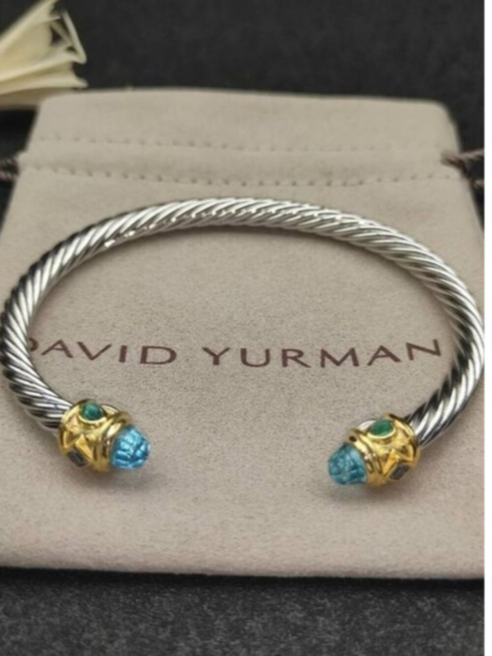 🔔David Yurman🚀Two-Tone Twisted Cable Cuff Bracelet Green Gemstones Open Bangle